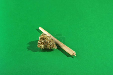 Foto de Un porro de tamaño king se encuentra junto a cogollos secos de marihuana sobre un fondo verde. Un montón de espacio vacío - Imagen libre de derechos