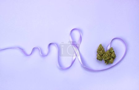 Foto de Dos brotes secos de marihuana medicinal junto a un signo de epilepsia púrpura hecho de una cinta cuyo otro extremo representa la actividad cerebral. Tratamientos alternativos para la epilepsia - Imagen libre de derechos
