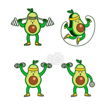 Illustration for Avocado workout cute character illustration template set collection - Royalty Free Image