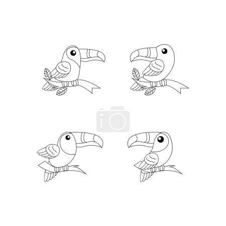 Téléchargez les illustrations : Toucan oiseau dessin ligne mignon noir blanc illustration modèle collection - en licence libre de droit