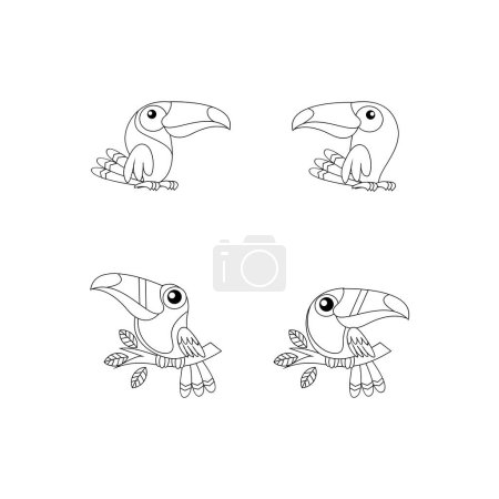 Téléchargez les illustrations : Toucan oiseau dessin ligne mignon noir blanc illustration modèle collection - en licence libre de droit