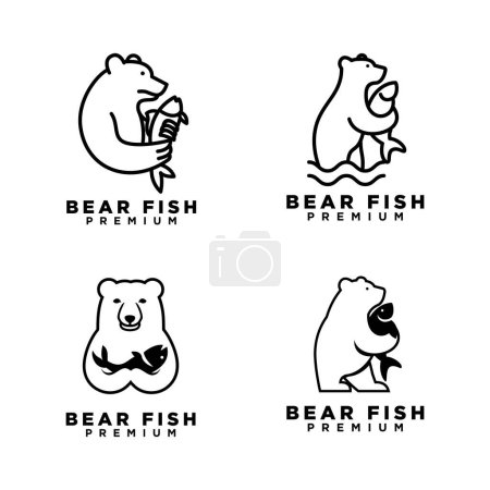 Téléchargez les illustrations : Bear Holding poisson logo icône conception illustration modèle - en licence libre de droit