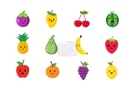 Téléchargez les photos : Mignon kawaii fruits caractère vectoriel conception illustration colection - en image libre de droit