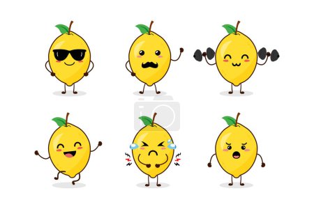 Téléchargez les photos : Citron mignon fruit kawaii caractère vecteur colection - en image libre de droit