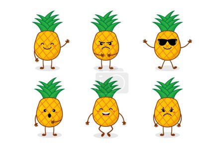 Téléchargez les photos : Ananas mignon fruit kawaii caractère vecteur colection - en image libre de droit