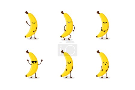 Téléchargez les photos : Banane mignon fruit kawaii caractère vecteur colection - en image libre de droit