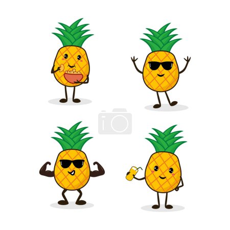 Téléchargez les photos : Illustration ensemble de 4 caractères ananas kawaii fond blanc - en image libre de droit