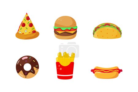 Téléchargez les photos : Illustration de dessin animé junk food set stock vecteur blanc fond - en image libre de droit