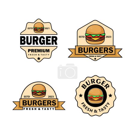 Téléchargez les photos : Collection illustration variété de logos plats avec hamburgers colorés fond blanc - en image libre de droit