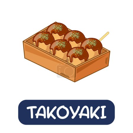 Téléchargez les illustrations : Dessin animé takoyaki, vecteur alimentaire japonais isolé sur fond blanc - en licence libre de droit