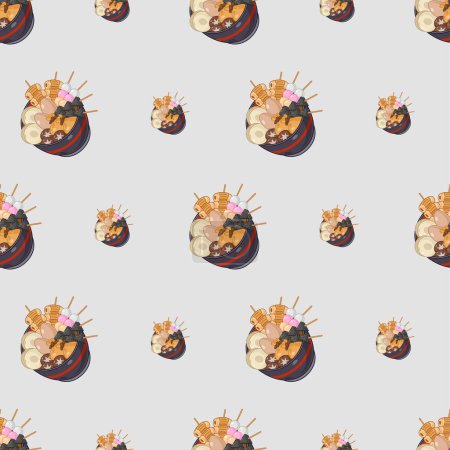 cartoon oden, japanese food seamless pattern on colorful backgroun