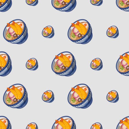 Téléchargez les illustrations : Cartoon udon, japanese food seamless pattern on colorful backgroun - en licence libre de droit