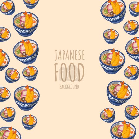 Téléchargez les illustrations : Cartoon udon, japanese food frame border backgroun - en licence libre de droit