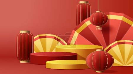 Illustration for Chinese New Year display podium decoration background with chinese ornament. Vector 3D Illustration - Royalty Free Image