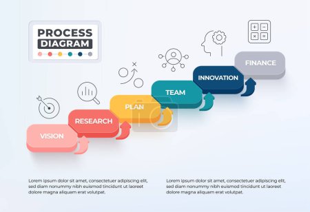 Process diagram infographic with 6 business icon. Step up to goal concept.