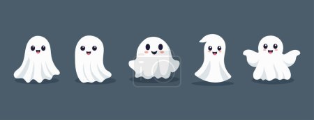 Téléchargez les photos : Ensemble de fantômes avec des visages souriants pour Halloween. Illustration vectorielle de style plat pour poster design, bannière, impression. - en image libre de droit