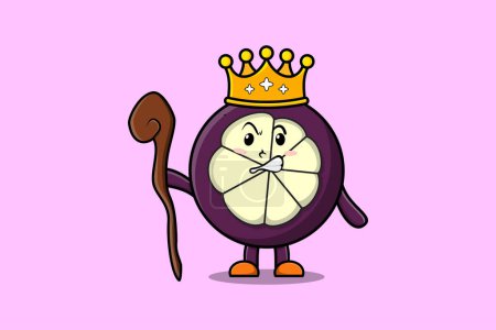 Ilustración de Linda mascota del Mangosteen de la historieta como rey sabio con la corona dorada y la ilustración del palillo de madera - Imagen libre de derechos