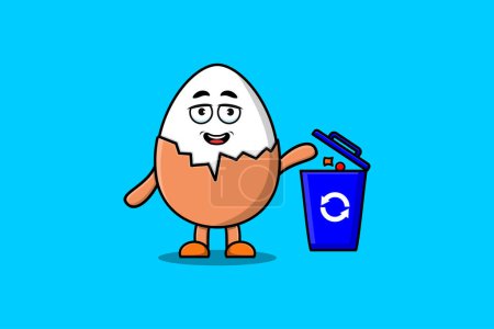 Illustration for Cute cartoon Boiled egg throwing trash in the trash in flat modern style design illustration - Royalty Free Image