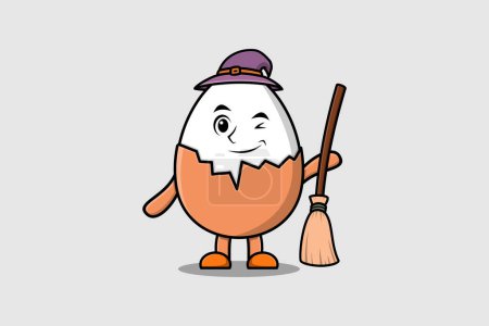 Illustration for Cute cartoon witch shaped Boiled egg character with hat and broomstick cute style illustration - Royalty Free Image