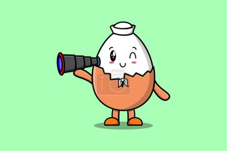 Illustration for Cute cartoon Boiled egg sailor with hat and using binocular cute modern style design - Royalty Free Image