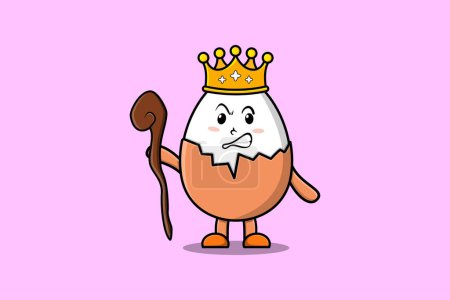 Illustration for Cute cartoon Boiled egg mascot as wise king with golden crown and wooden stick illustration - Royalty Free Image