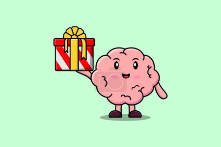 Ilustración de Lindo personaje de dibujos animados cerebro celebración de caja de regalo en la ilustración icono de vector - Imagen libre de derechos