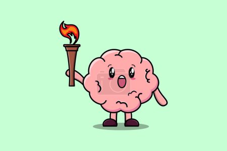 Ilustración de Ilustración del lindo personaje de dibujos animados Cerebro sosteniendo la antorcha de fuego en diseño moderno plano - Imagen libre de derechos