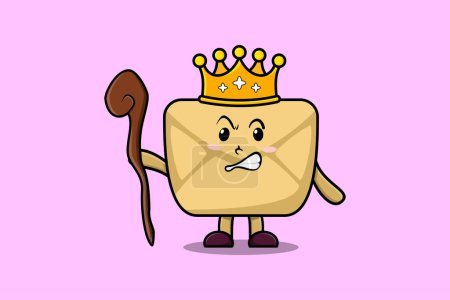Ilustración de Linda mascota del sobre de dibujos animados como rey sabio con corona dorada e ilustración de palo de madera - Imagen libre de derechos