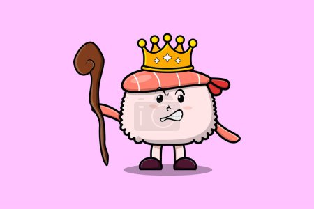 Ilustración de Cute cartoon Sushi shrimp mascot as wise king with golden crown and wooden stick illustration - Imagen libre de derechos