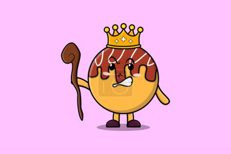 Ilustración de Cute cartoon Takoyaki mascot as wise king with golden crown and wooden stick illustration - Imagen libre de derechos