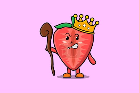 Ilustración de Cute cartoon Strawberry mascot as wise king with golden crown and wooden stick illustration - Imagen libre de derechos