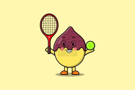Illustration for Cute cartoon Sweet potato character playing tennis field in flat cartoon style illustration - Royalty Free Image