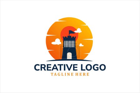 Modern Flat Unique castle logo vintage with sunset background logo template illustration design