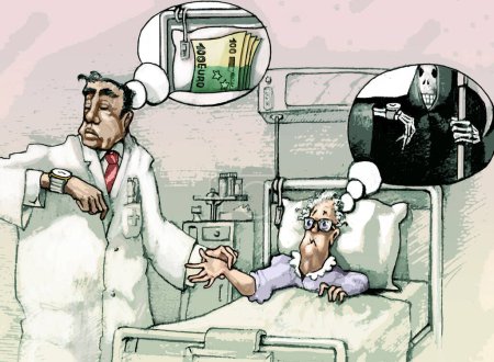 In einem Krankenhauszimmer überprüft ein Arzt den Puls einer älteren Patientin im Bett; der Arzt denkt an das Geld, das die Frau zu Tode verdient