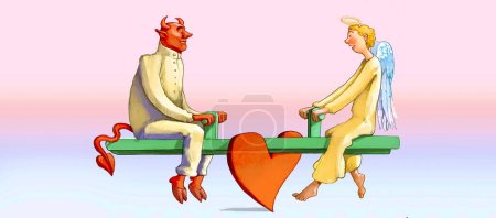 Photo for An angel and a devil are balanced with each other on a seesaw concept of conscience for better or for worse - Royalty Free Image