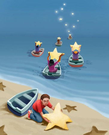 Téléchargez les photos : Le soir, les garçons se dirigent vers l'horizon sur de petits bateaux fragiles, ils ont recueilli des étoiles de sable sur la plage pour les emmener dans le ciel - en image libre de droit