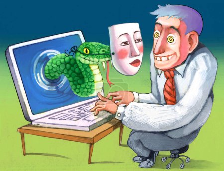 Eine als schöne Frau getarnte Giftschlange kommt aus einem Computerbildschirm und hypnotisiert ein Männerkonzept des Online-Betrugs