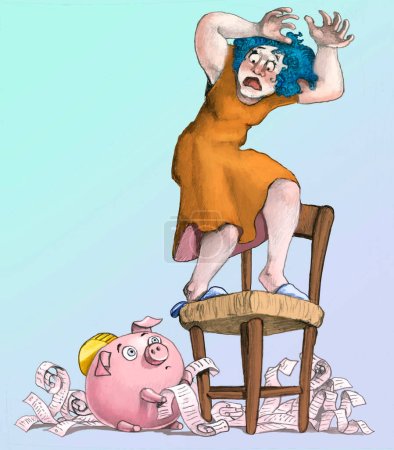 Photo for Woman teetering on a chair escaping bills and accounts - Royalty Free Image