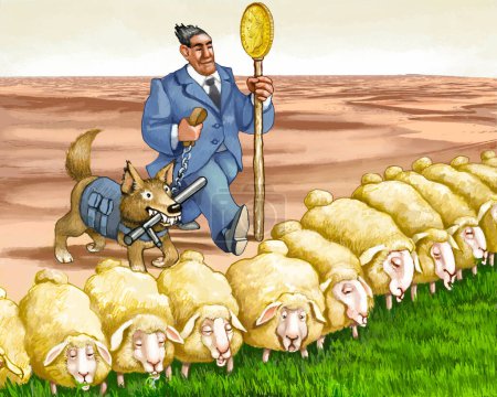 Téléchargez les photos : Un financier avec une pièce sur son bâton et un loup-garou avec une matraque poussent les moutons à manger toute l'herbe laissant derrière eux le désert, métaphore de la destruction de l'environnement - en image libre de droit