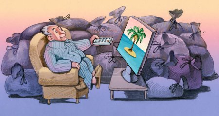 Téléchargez les photos : Homme assis dans un fauteuil entouré d'énormes sacs de déchets regarde une île de rêve avec un palmier à la télévision - en image libre de droit