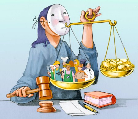 Téléchargez les photos : Un juge avec un masque pesant les travailleurs et de l'argent sur une échelle photoshop illustration - en image libre de droit