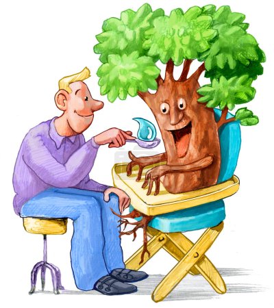 a man feeds a tree inside a high chair with water as if it were a child, a metaphor for the importance of water for saving forests and surviving