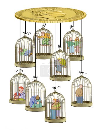 Photo for Attached to a large coin there are cages with various types of people like a carousel for children, a metaphor for the deprivation of freedom within an economic system - Royalty Free Image