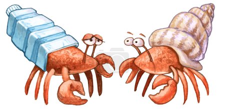 two hermit crabs, one has a house made from a shell the other has a house made from a plastic bottle metaphor of pollution of the seas