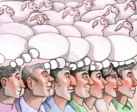groupe de personnes qui développent des bulles de pensée, ces bulles se transforment en un troupeau de moutons, une métaphore pour l'approbation de la pensée commune