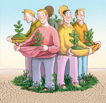 Foto de Hombres en un círculo sostienen las plantas en sus brazos, haciendo que la vegetación vuelva a crecer en medio del desierto, una metáfora de la fuerza de las asociaciones ecológicas - Imagen libre de derechos