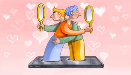 Foto de Un hombre y una mujer inmersos en un smartphone se abrazan pero se miran en un espejo en lugar de mirarse, una metáfora de realidad virtual que conduce al egocentrismo - Imagen libre de derechos