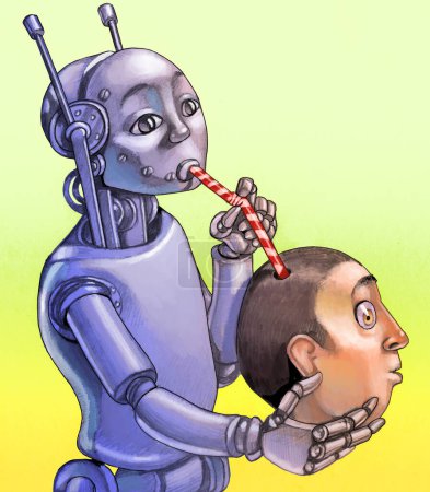 Téléchargez les photos : Un robot vient de la tête d'un humain en s'appropriant son esprit, métaphore de l'exploitation de la créativité humaine par ceux qui contrôlent l'intelligence artificielle, la caricature politique, le dessin au crayon - en image libre de droit