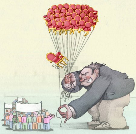 Ein riesiger, als reicher Mann verkleideter Mann hält viele politische Sitze wie Luftballons in der Hand und überreicht sie einer Prozession winziger Männer - eine Metapher für Wahlmanipulation