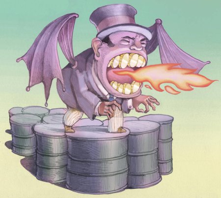 Téléchargez les photos : Un riche capitaliste avec des ailes de dragon et des pièces de monnaie au lieu de crocs souffle le feu, il se tient sur des barils de pétrole, une métaphore de l'avidité dans l'exploitation des ressources fossiles - en image libre de droit